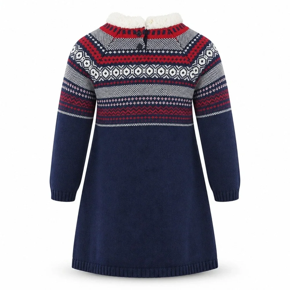 Gymboree Girls Navy Blue Fair Isle Sweater Dress Faux Fur Collar Size 12
